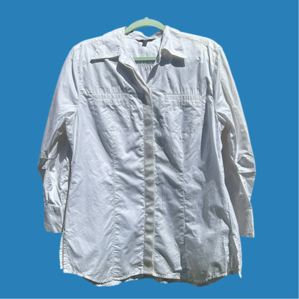 Sz L-CAbi white button up shirt with grosgrain details & elastic band in back